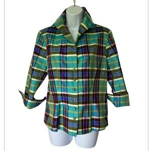 Marisa Baratelli Thai Silk Fitted Blouse Blue Plaid 3/4 Sleeve Excellent Size 6